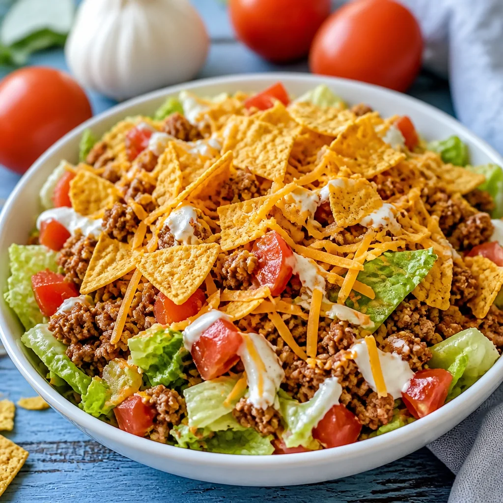 Delicious Simple Doritos Taco Salad topped with fresh ingredients.