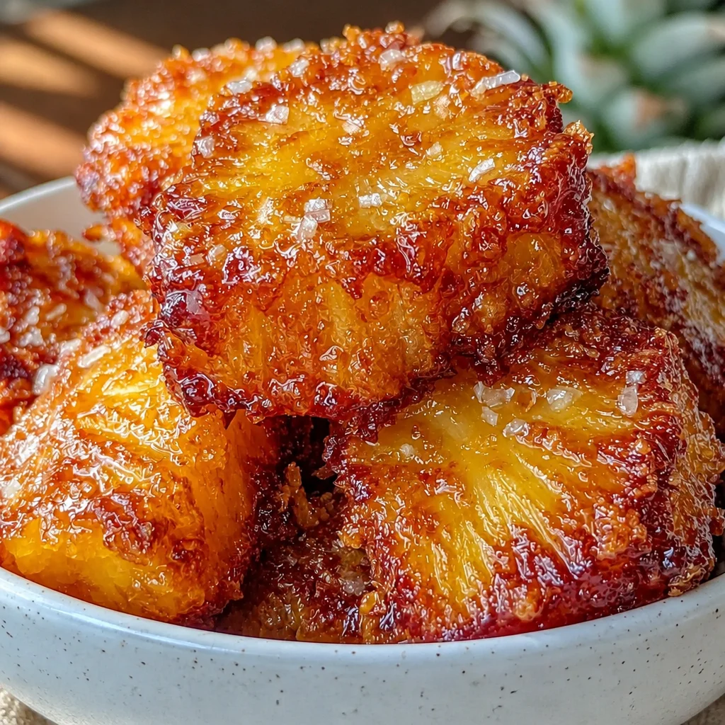 Delicious air fried pineapple chunks coated in cinnamon and brown sugar on a plate.