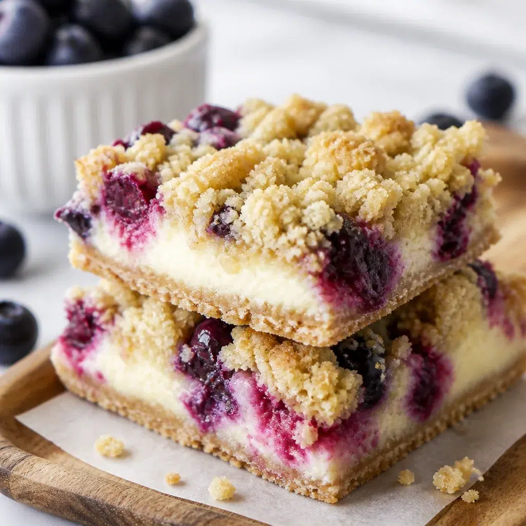 Delicious Blueberry Cream Cheese Bars with a buttery crust and creamy filling.