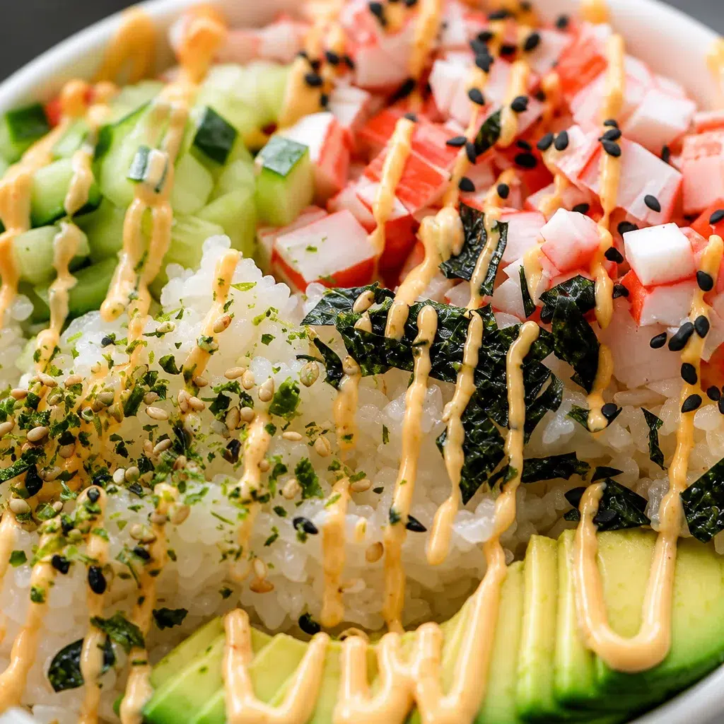 California Roll Sushi Bowl topped with crab, avocado, cucumber, and spicy mayo.