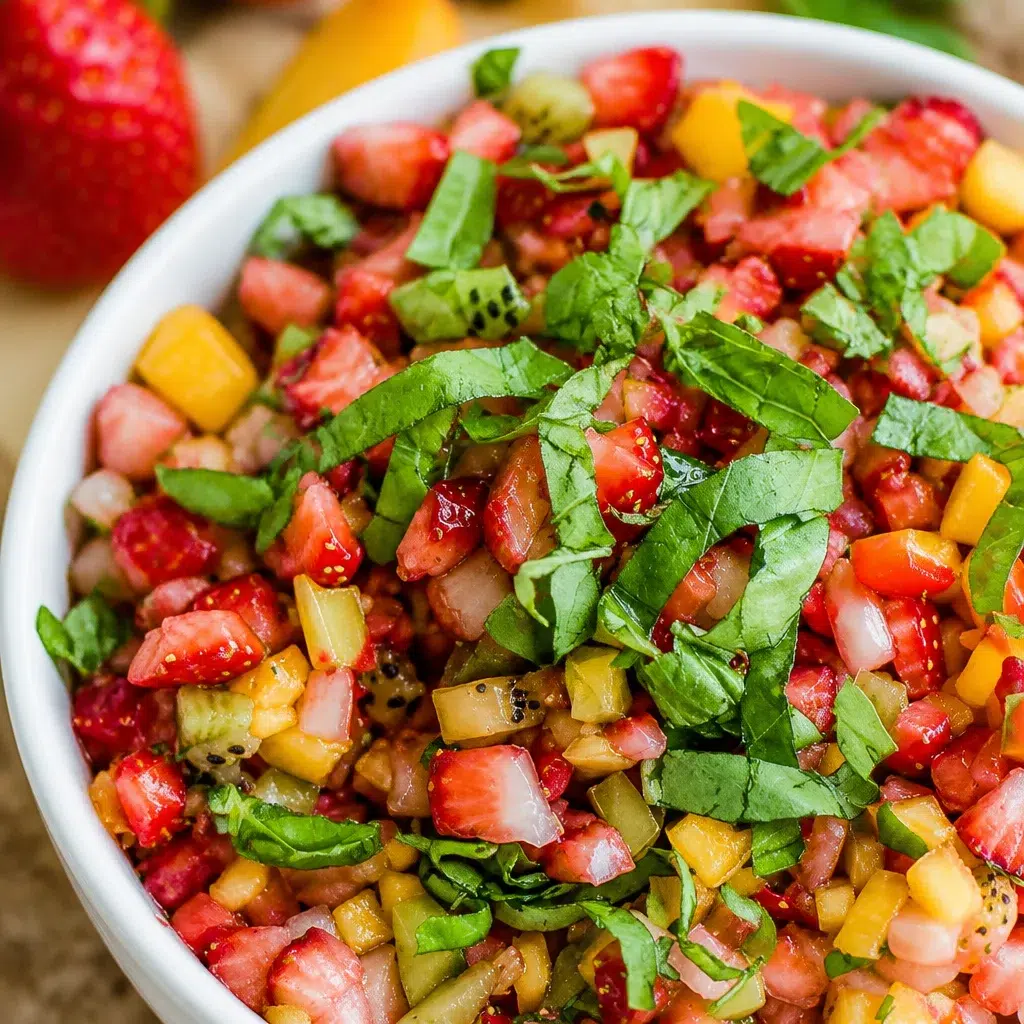 Bowl of fresh fruit salsa served with crispy cinnamon sugar pita chips.