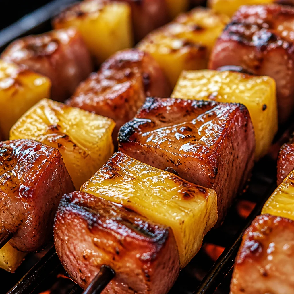 Delicious Hawaiian Ham and Pineapple Skewers with vibrant veggies and sweet glaze.