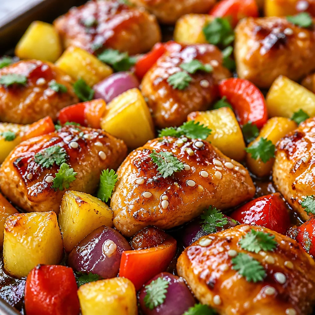 Sheet Pan Hawaiian Chicken with Pineapple and colorful bell peppers on a baking tray