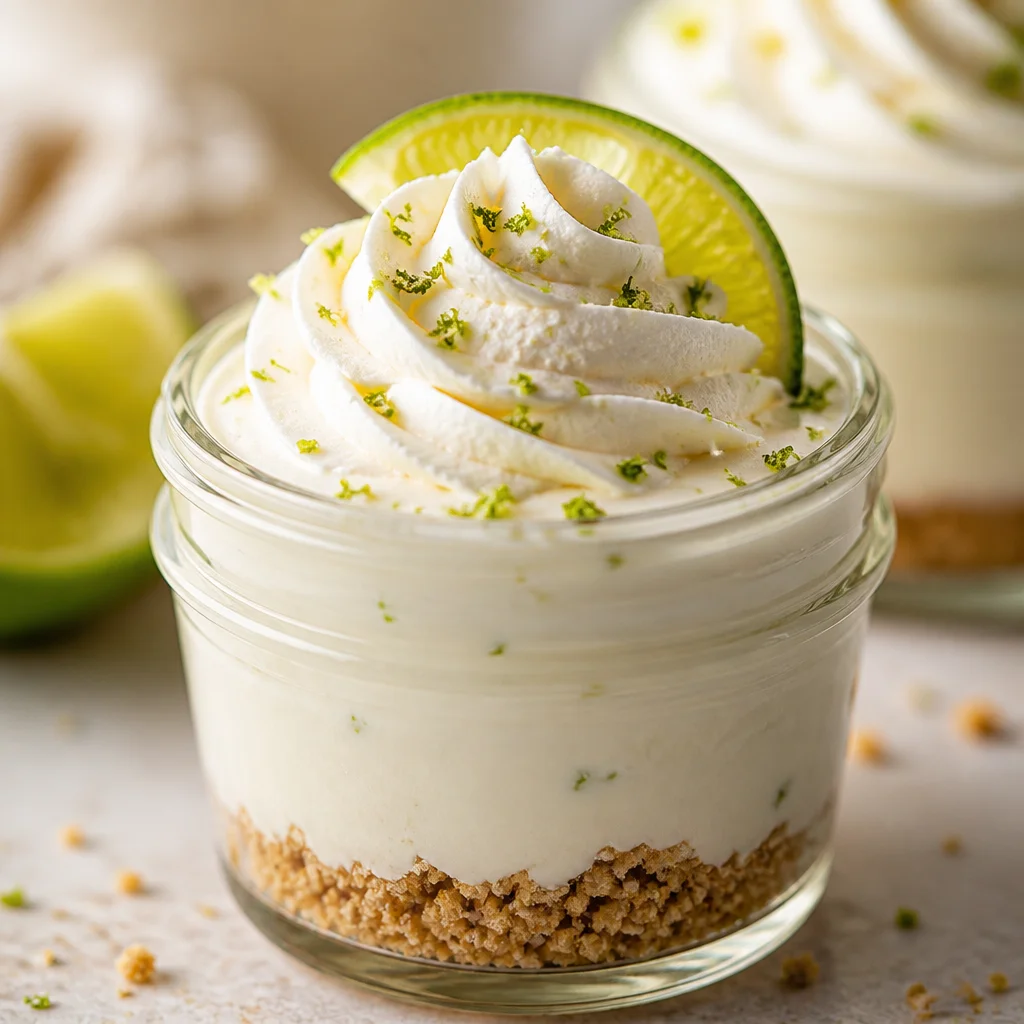 No Bake Key Lime Pie Mason Jars with whipped cream and lime slices