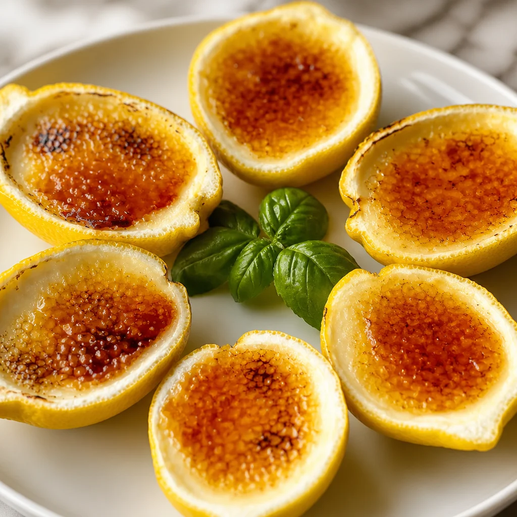 Delicious Lemon Posset Brûlée dessert with a creamy top and a caramelized sugar crust.
