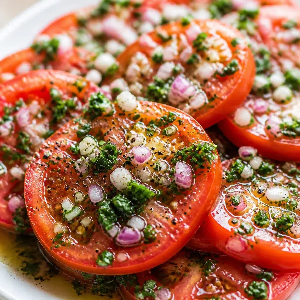 Delicious marinated tomatoes soaking in garlic herb oil and fresh ingredients.