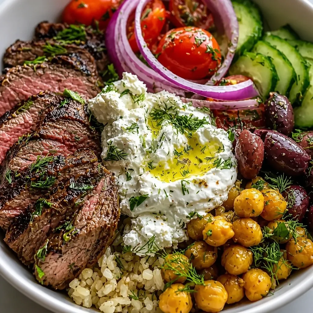 Mediterranean Steak Bowl with marinated steak, fresh vegetables, and creamy yogurt sauce.