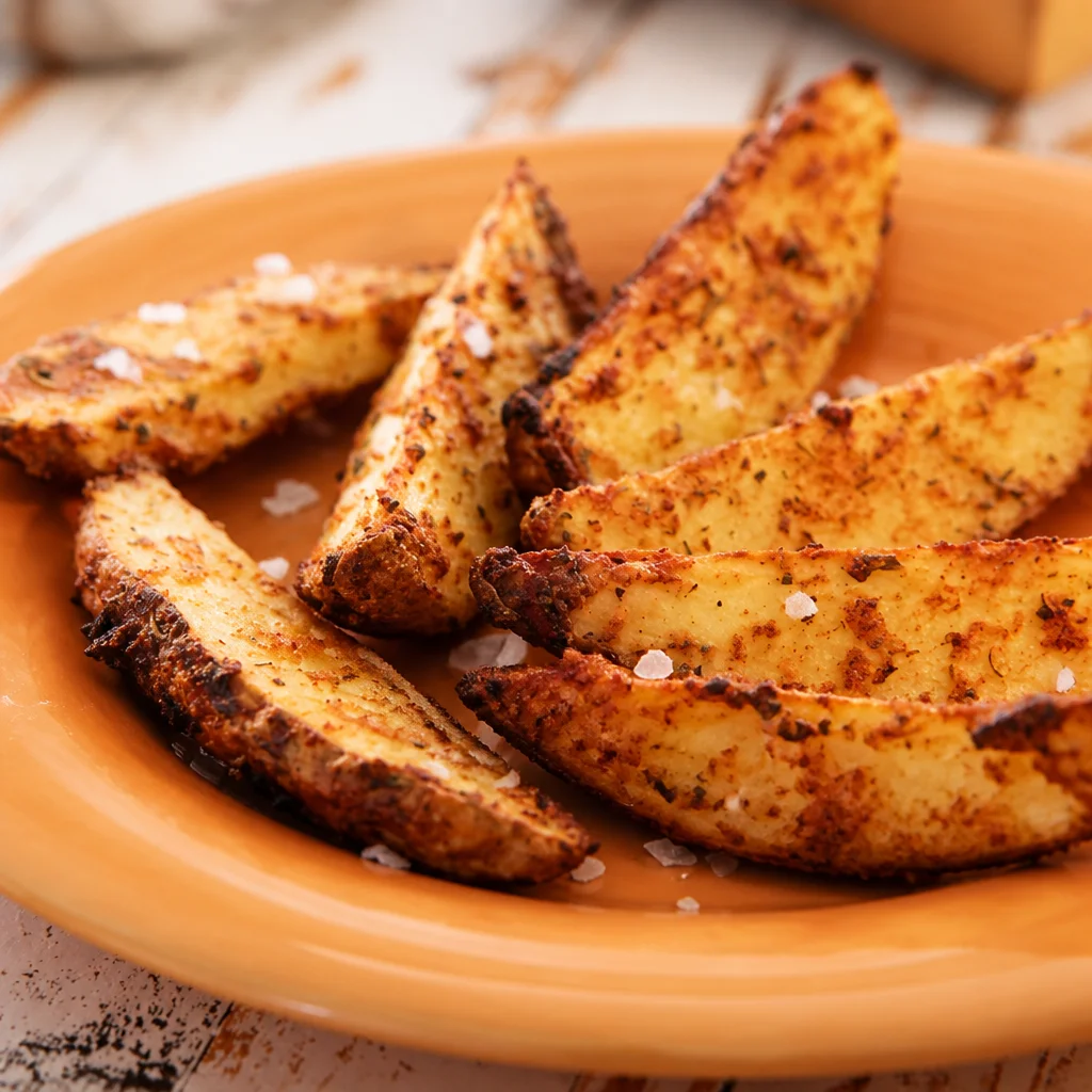 Crispy Baked Garlic Parmesan Potato Wedges served with herbs and spices.