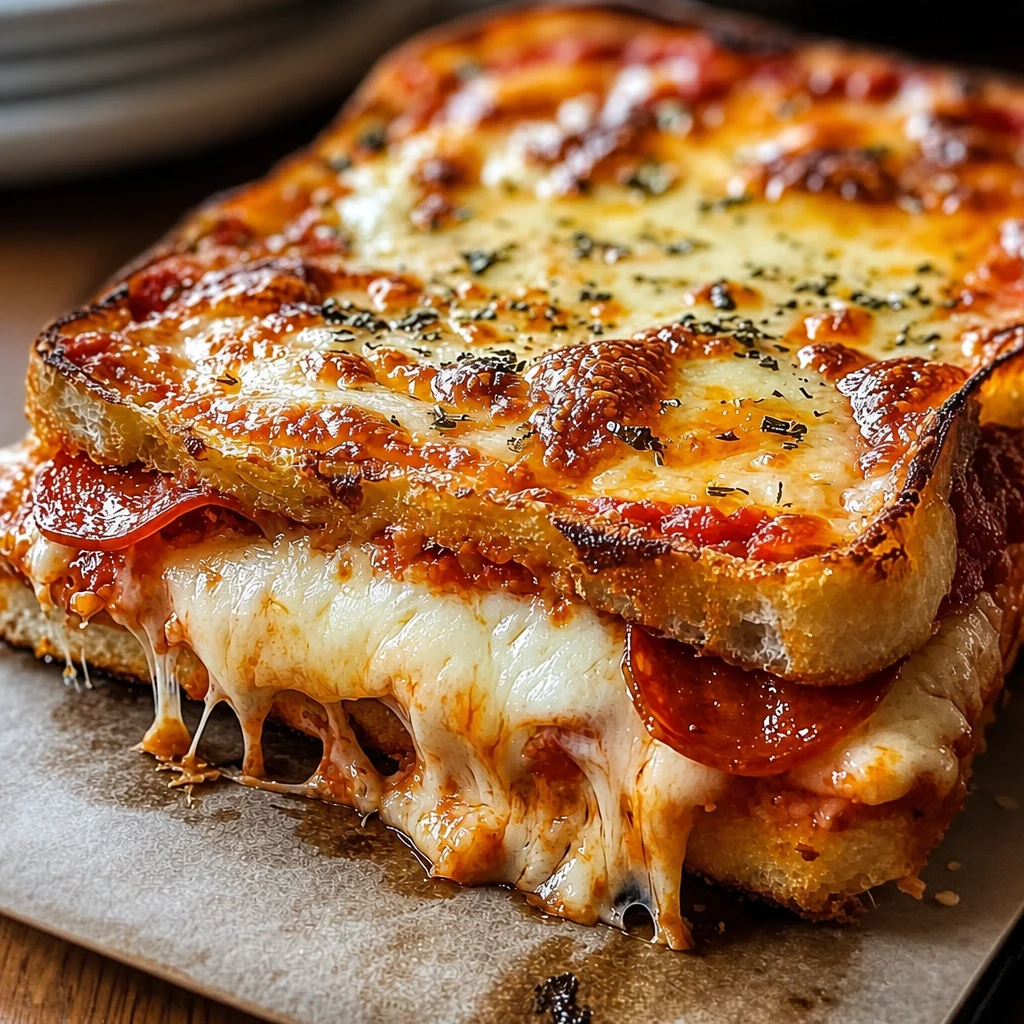 Delicious Pizza Grilled Cheese sandwich with pepperoni, mozzarella, and garlic butter.