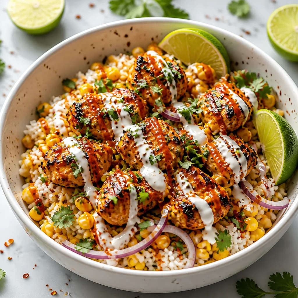 Healthy Street Corn Chicken Bowl with creamy corn, grilled chicken, and cilantro-lime rice.