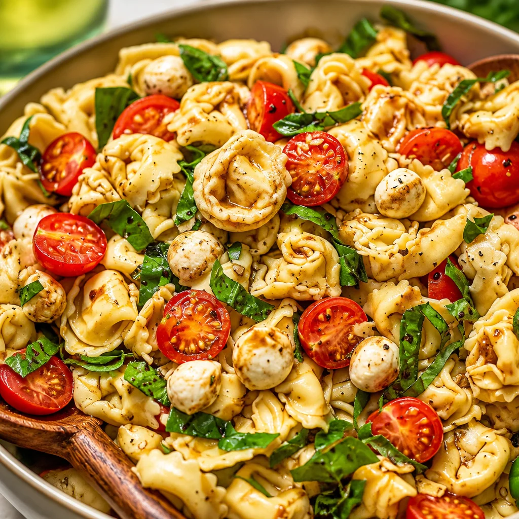 A vibrant bowl of Tortellini Caprese Pasta Salad featuring cheese tortellini, fresh ingredients, and balsamic dressing.