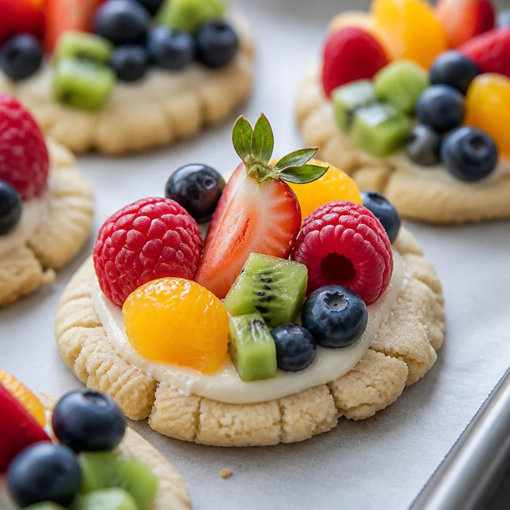 Colorful fruit pizza cookies topped with cream cheese frosting and fresh fruits.