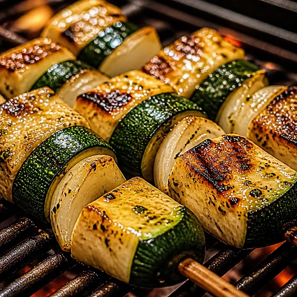 Irresistible Garlic Butter Zucchini Skewers garnished and ready for grilling.
