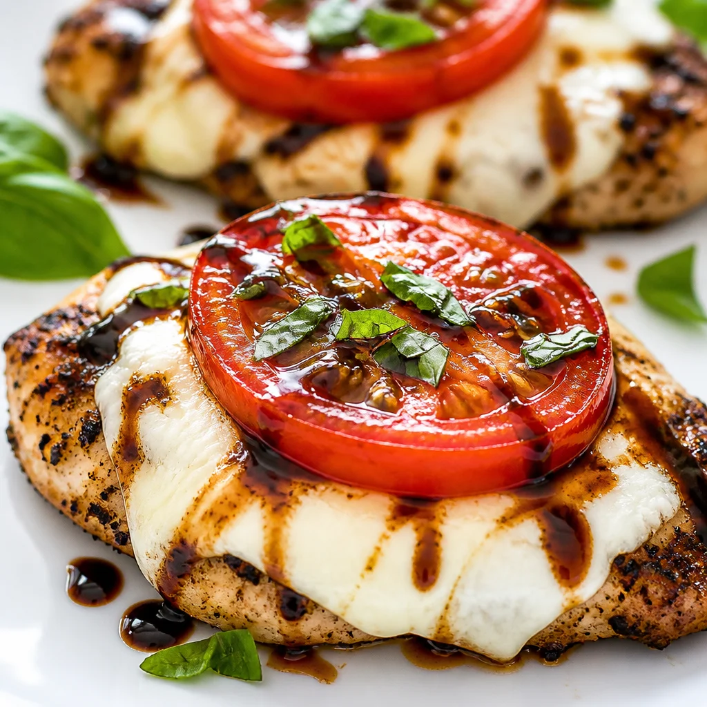 Delicious Grilled Chicken Caprese with mozzarella, tomatoes, and basil drizzled with balsamic sauce.