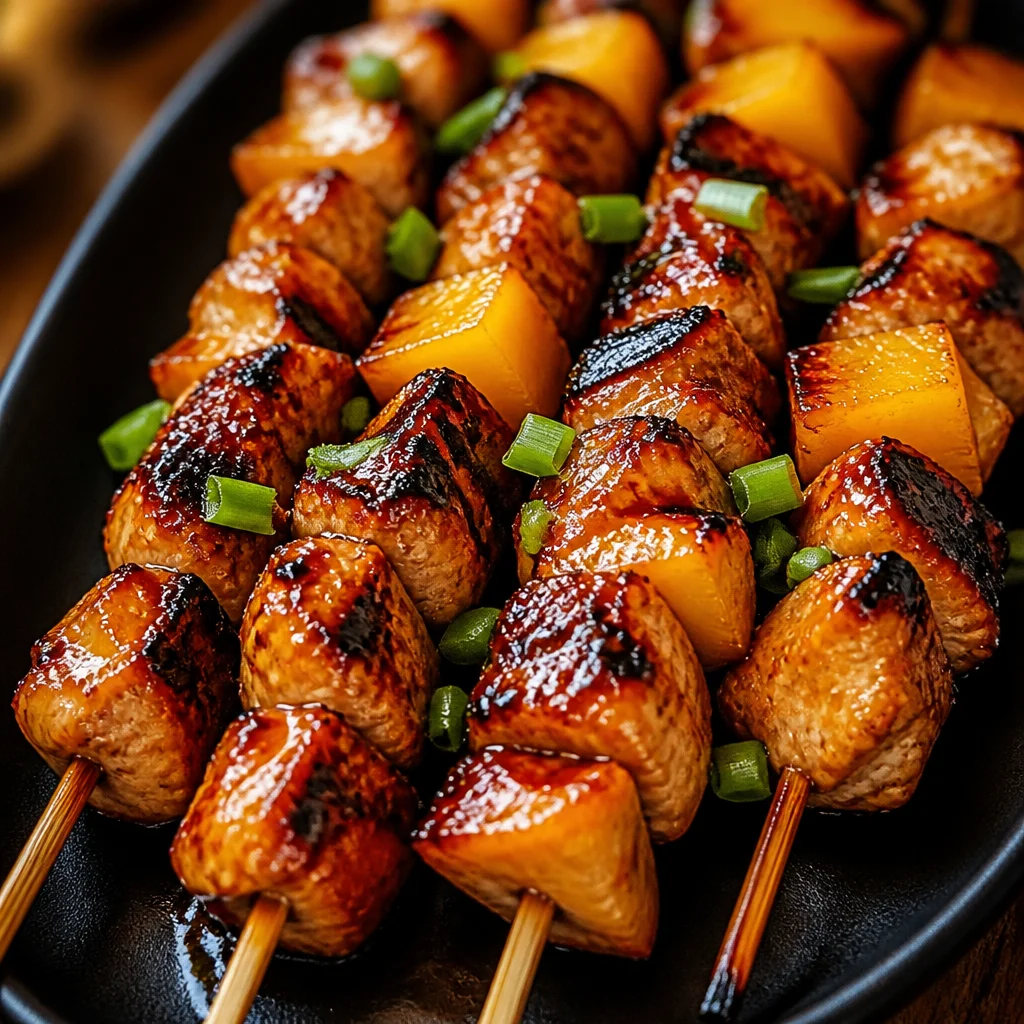 Delicious Hawaiian chicken skewers with pineapple, bell pepper, and red onion.