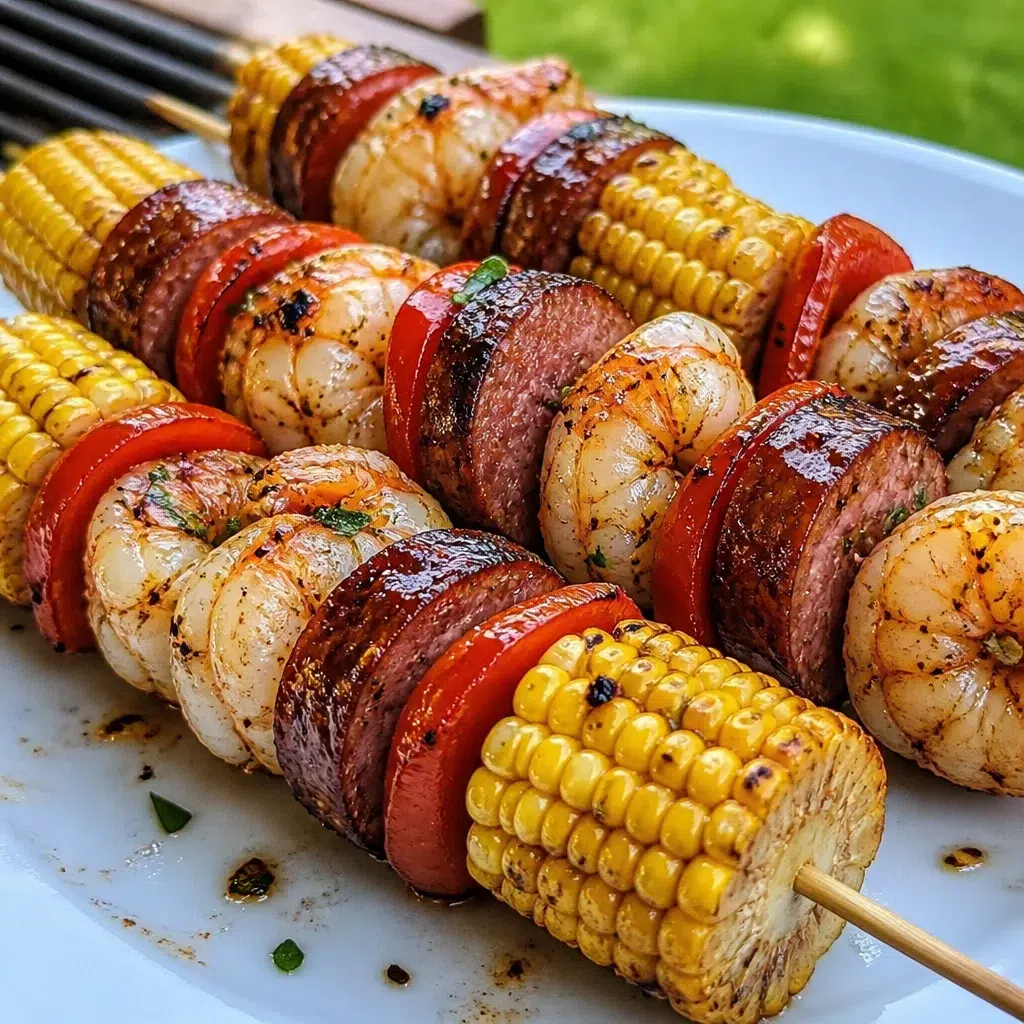 Delicious grilled seafood skewers with shrimp and scallops on the barbecue grill.