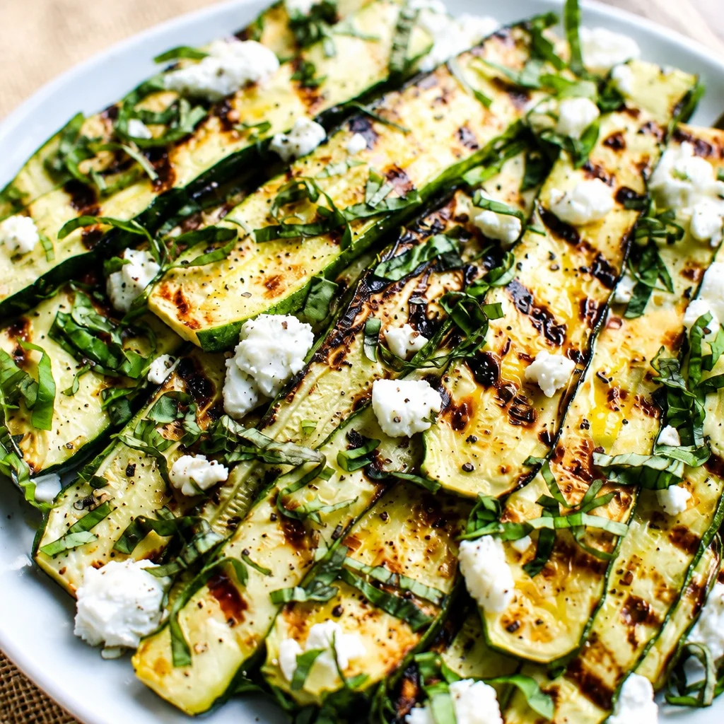 Grilled Zucchini with Goat Cheese, Basil, and Honey drizzled with balsamic glaze.