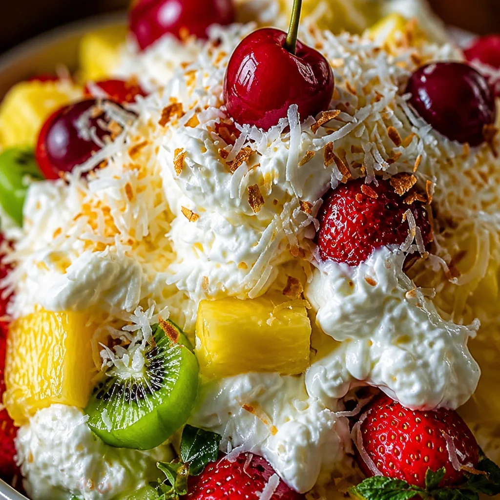 Delicious Hawaiian Cheesecake Salad with tropical fruits and creamy cheesecake filling.