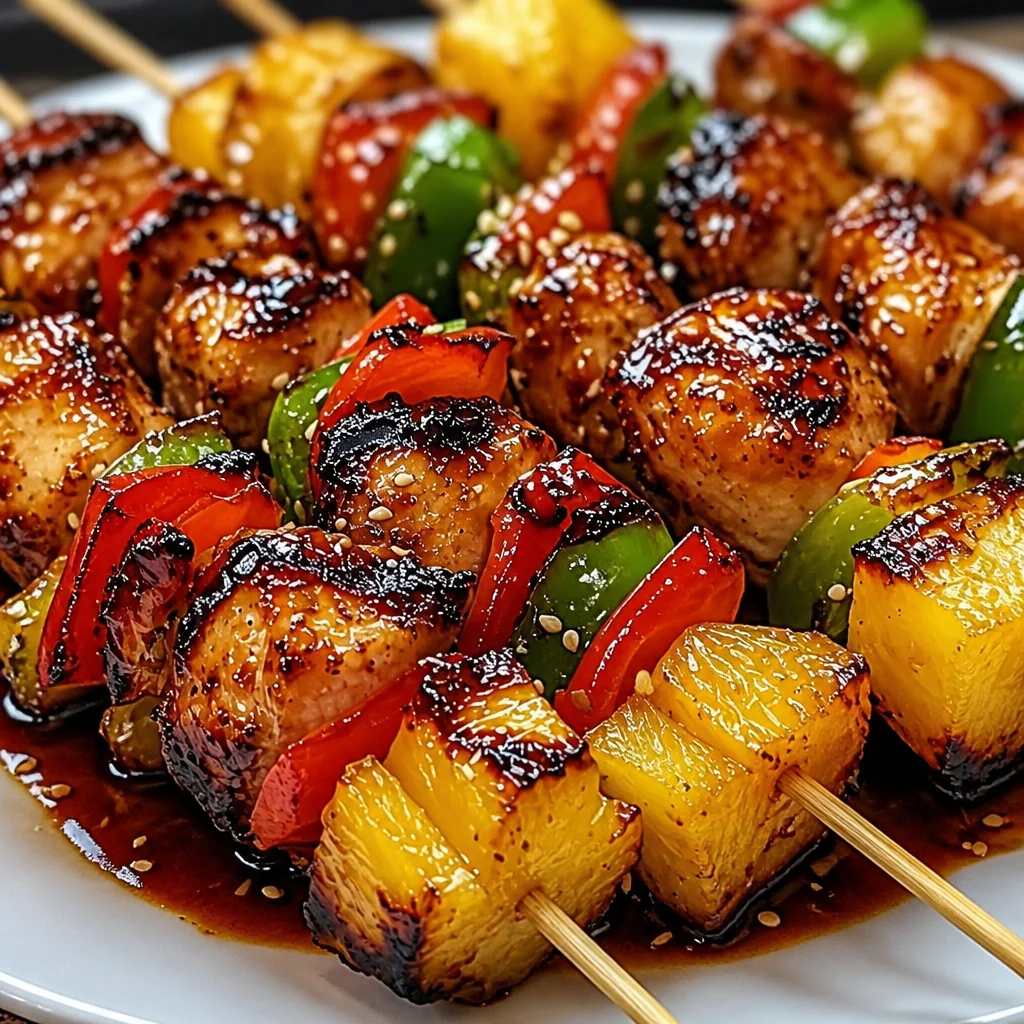 Delicious grilled pineapple chicken kabobs drizzled with sweet sauce on skewers.