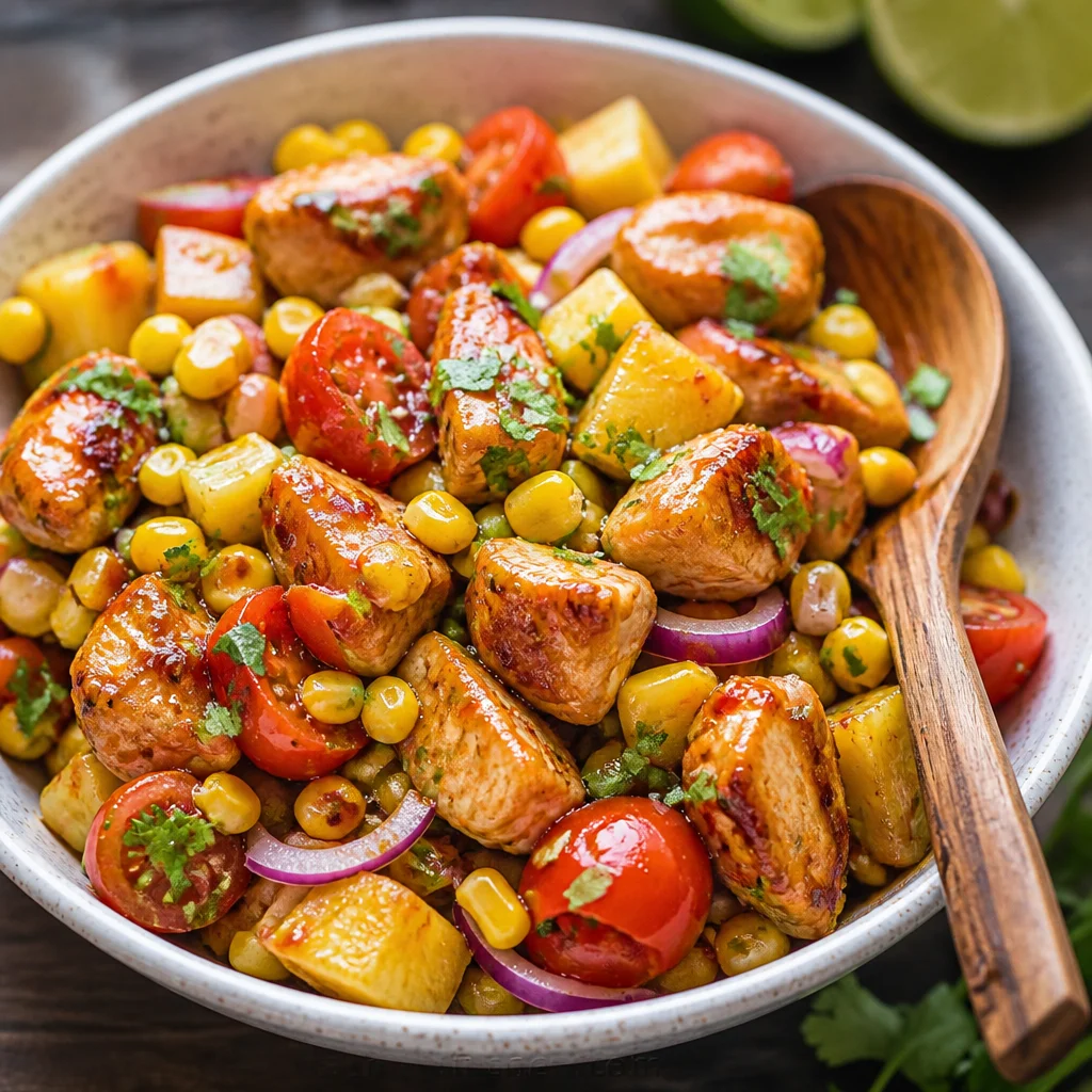 Hawaiian Chicken Sheet Pan with chicken, pineapple, and colorful veggies ready to serve.
