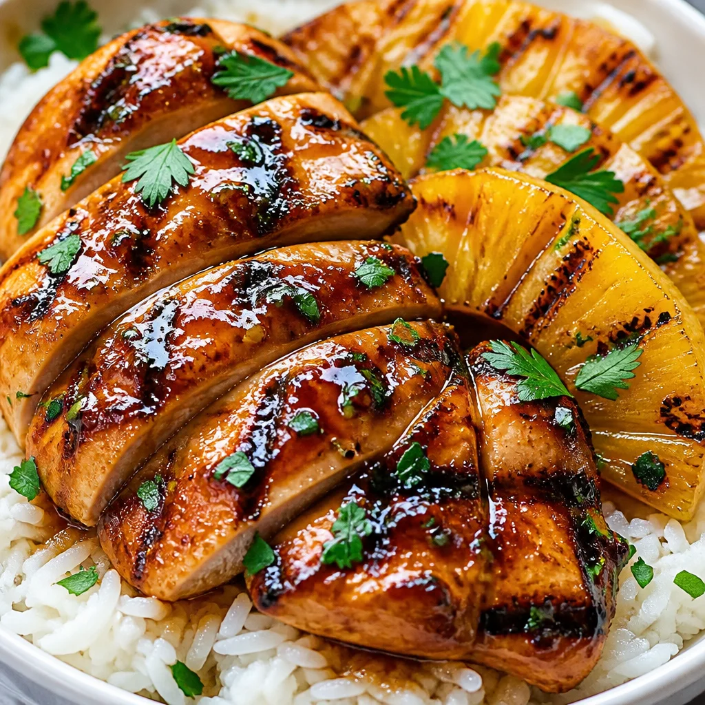 Hawaiian Chicken with Coconut Rice served with grilled pineapples and vibrant veggies.