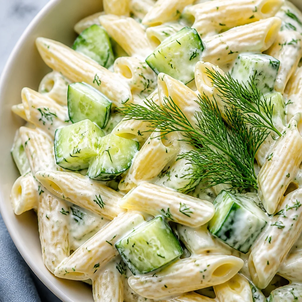 Fresh Cucumber Pasta Salad with cucumbers and pasta in a light dressing.