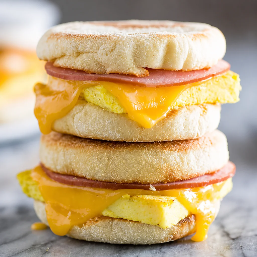 Easy Make-Ahead Breakfast Sandwiches with eggs, cheese, and sausage on English muffins.