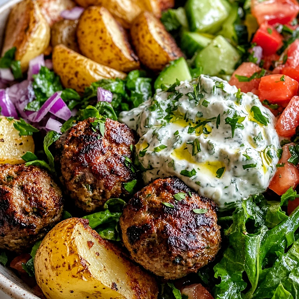 A bowl of Greek meatballs topped with tzatziki sauce and fresh vegetables.