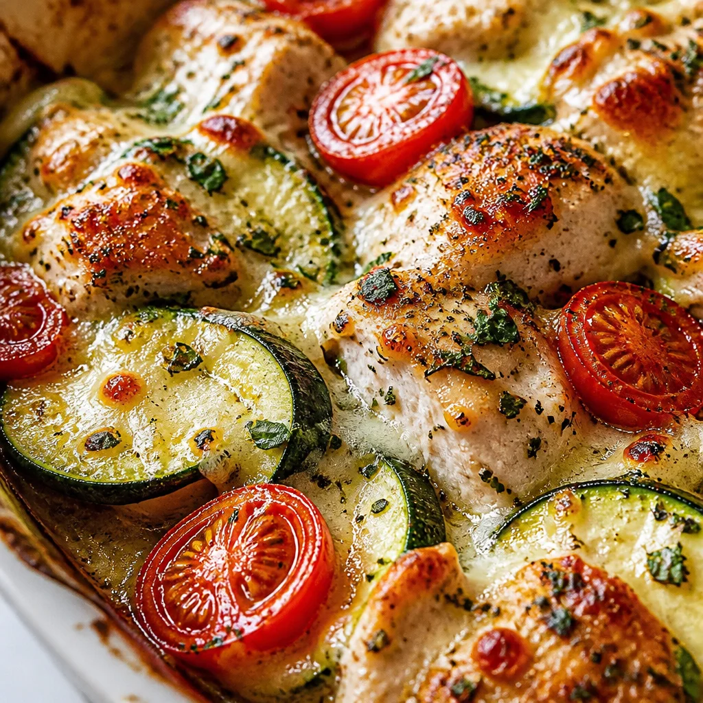 Mediterranean Chicken Zucchini Bake with sun-dried tomatoes and artichokes.