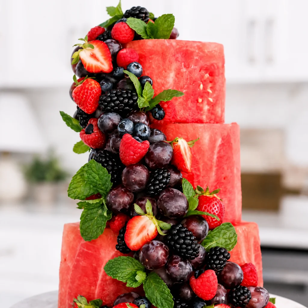 Delicious Watermelon Cake topped with fresh fruits and whipped cream for a summer treat.