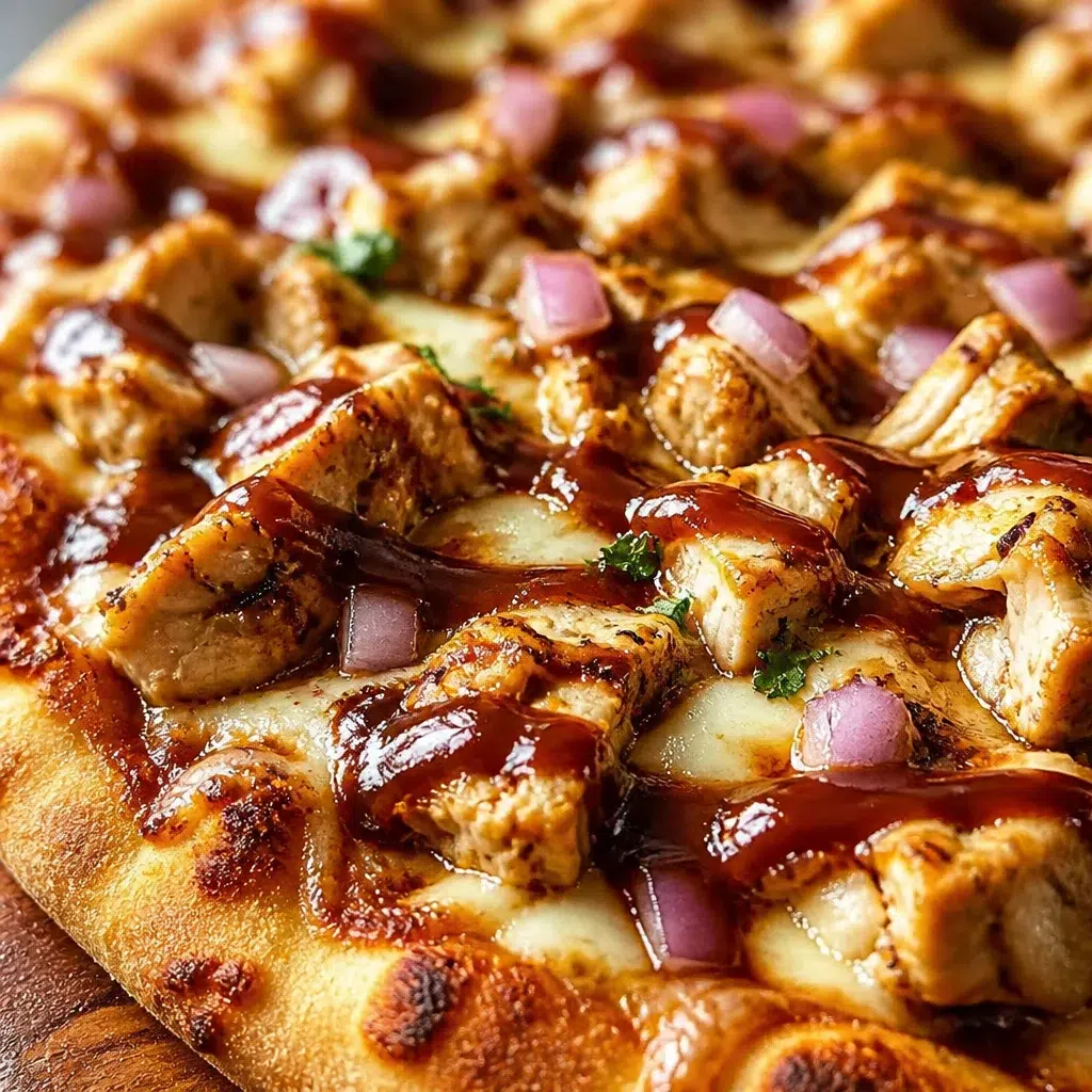 Homemade BBQ Chicken Pizza topped with chicken, cheese, red onions, and BBQ sauce.