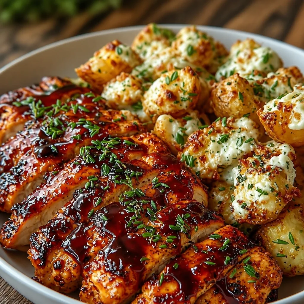 Honey BBQ Chicken served with creamy Garlic Parmesan Potatoes for a delicious meal.