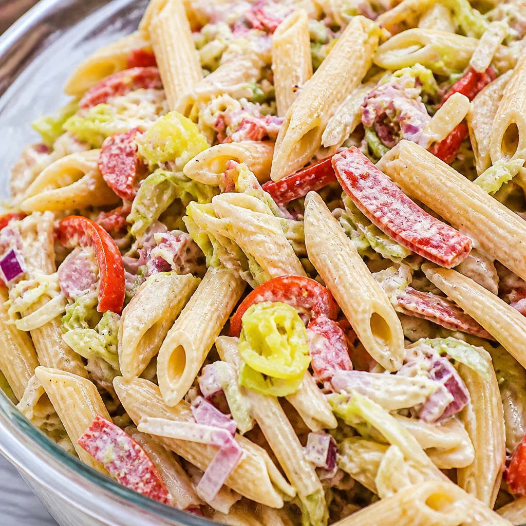 Italian Grinder Pasta Salad with salami, provolone, and fresh veggies in creamy dressing.