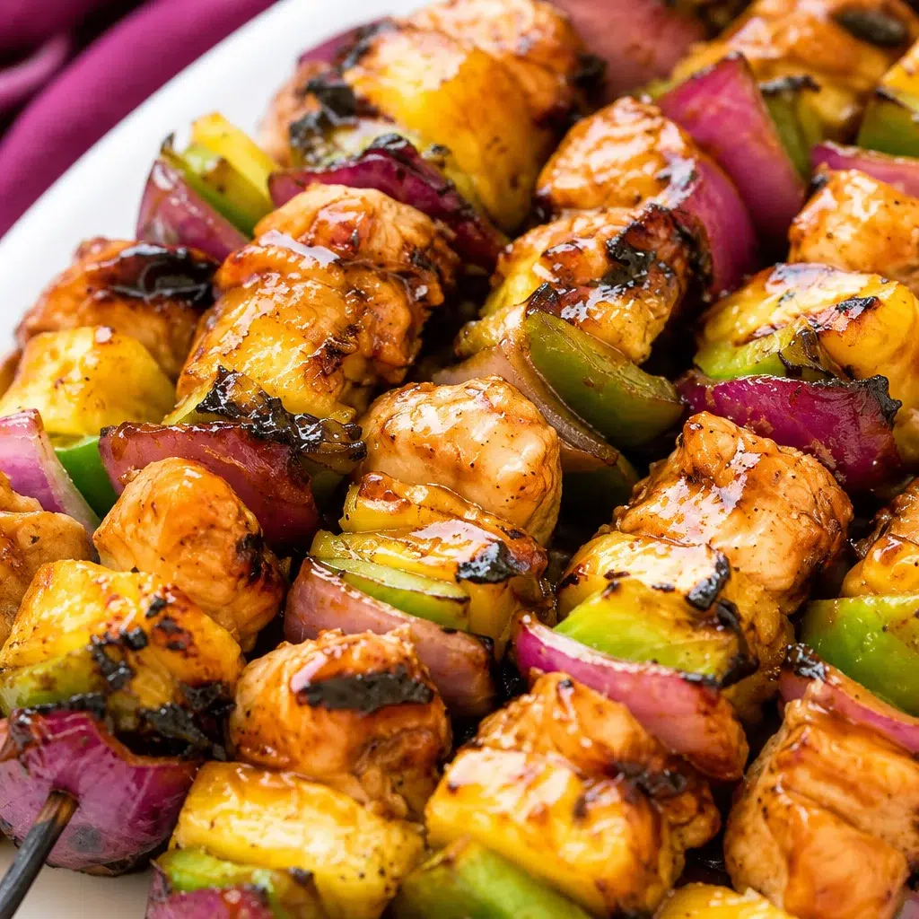 Delicious Hawaiian Chicken Kebabs with pineapple and colorful vegetables on skewers.