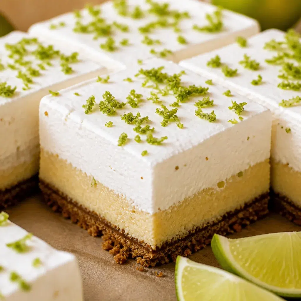 Delicious key lime pie bars with graham cracker crust and creamy lime filling.