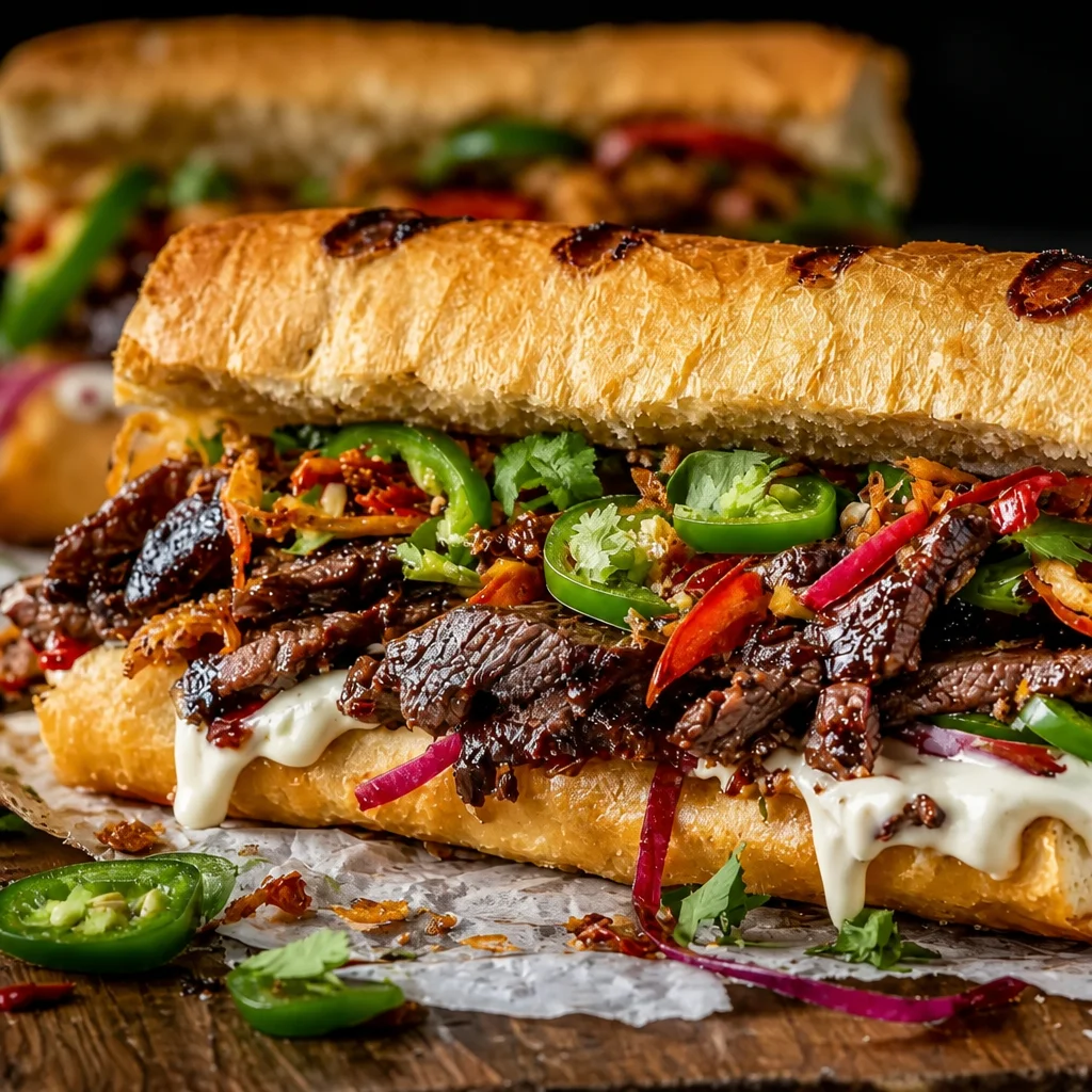 Delicious Korean Steak Sandwich with bulgogi, spicy mayo, and pickled veggies on crusty bread.