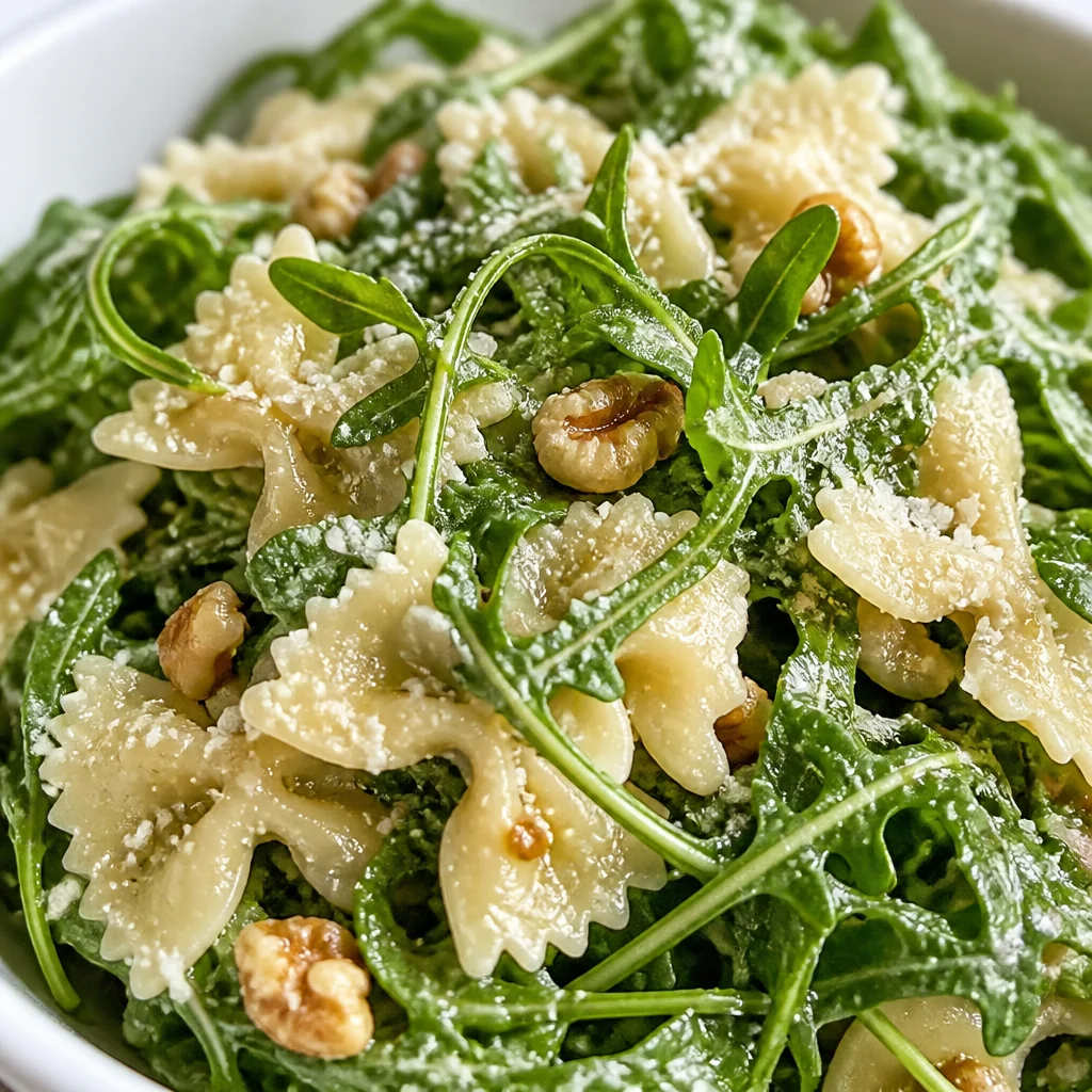 Lemon Arugula Pasta Salad topped with walnuts and parmesan cheese.