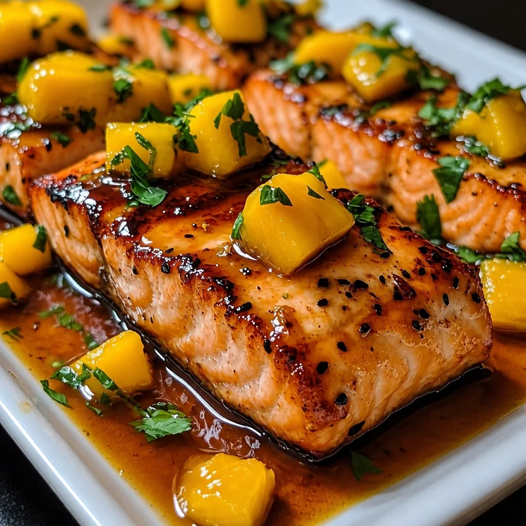 Delicious Mango Teriyaki Salmon with vibrant mango salsa served on a plate.