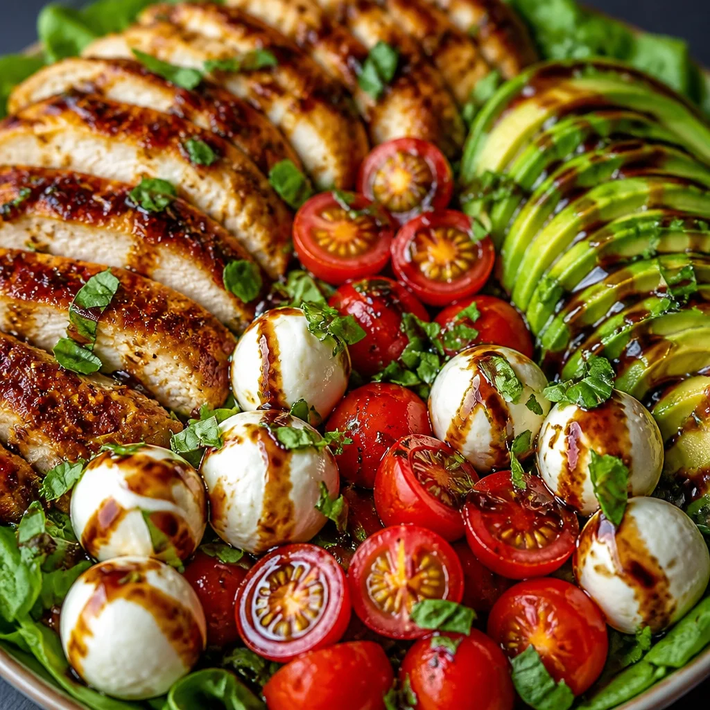 Baked Marinated Chicken Salad with Mozzarella and Balsamic Vinaigrette garnished with basil.