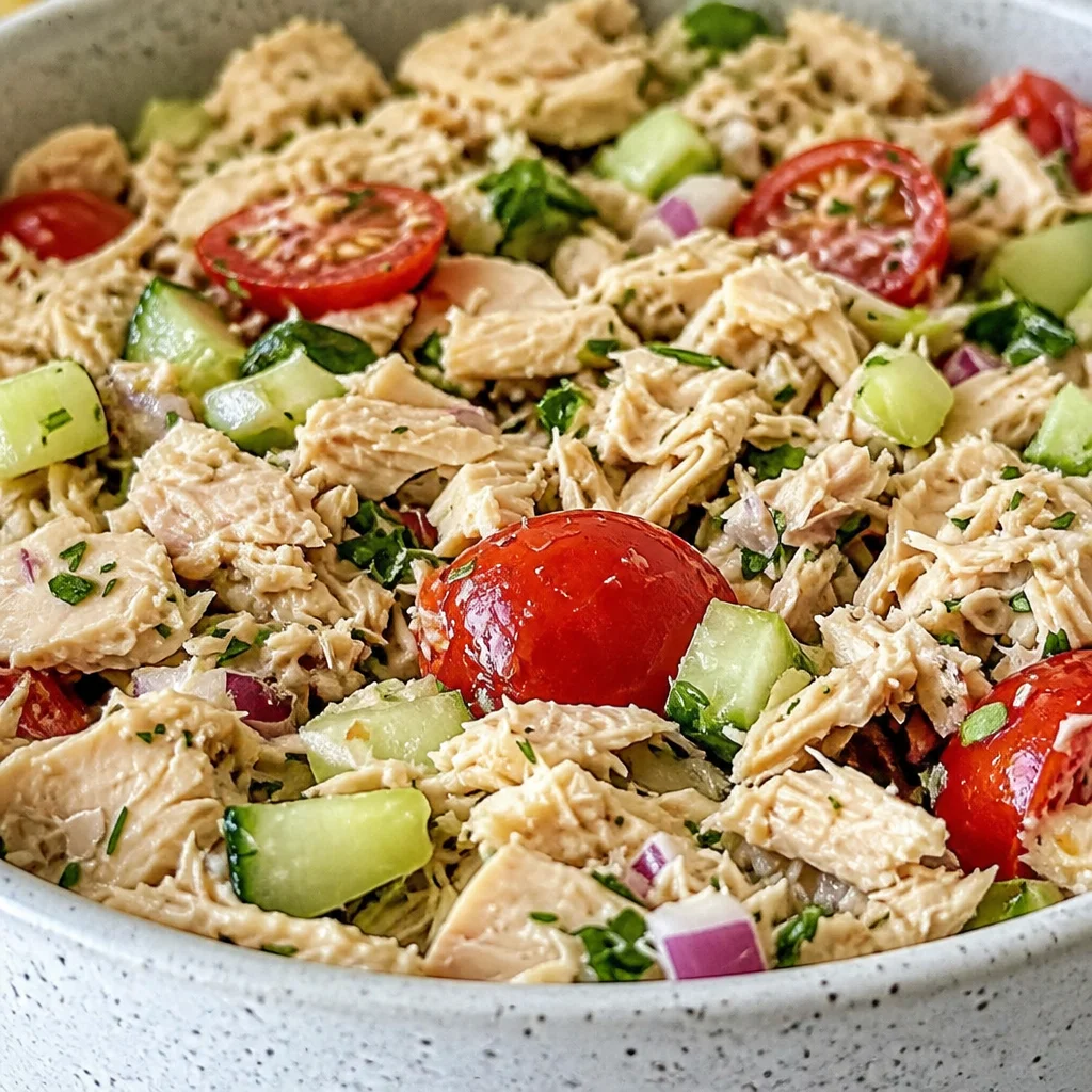 Bowl of the BEST Mediterranean Tuna Salad with fresh veggies and lemon dressing.