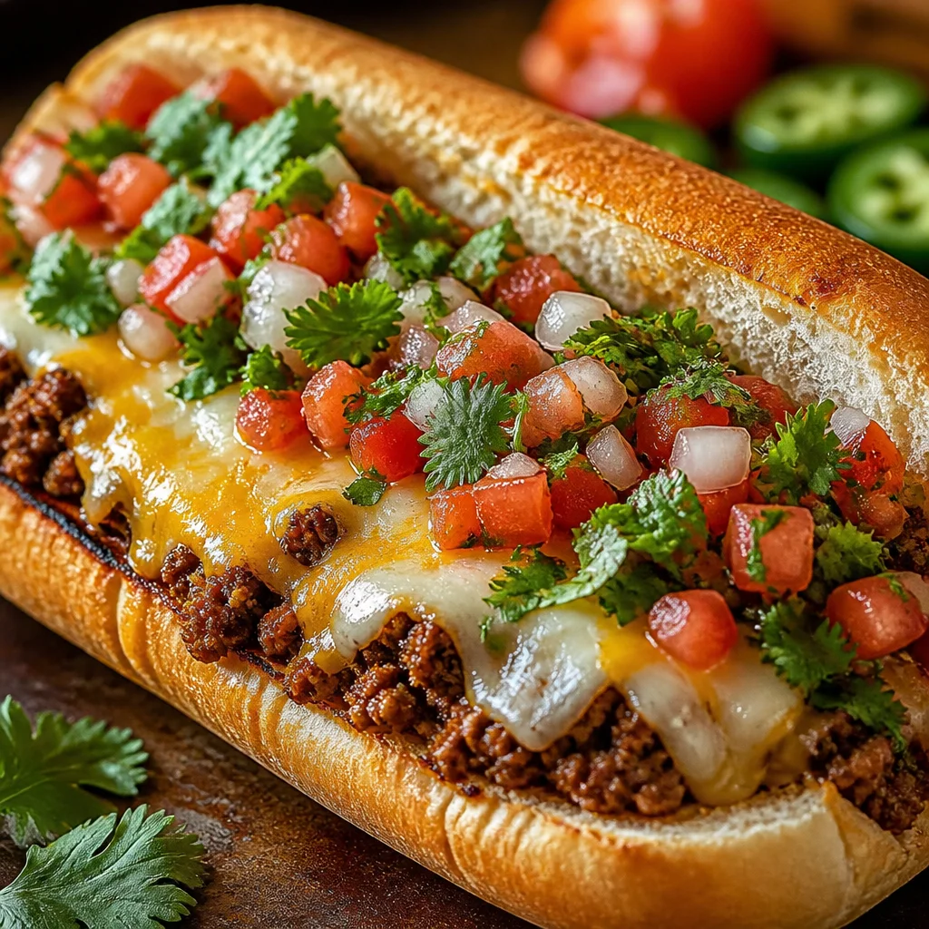 Delicious Mexican Chopped Cheese Sandwich with ground beef, cheese, lettuce, and pico de gallo.