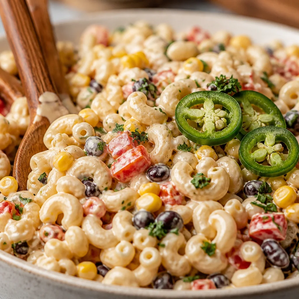 Colorful Mexican Macaroni Salad with ham, corn, and vegetables in a bowl