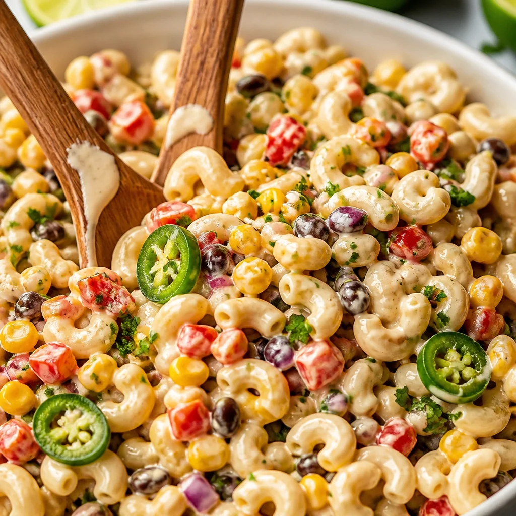 Bowl of vibrant Mexican Macaroni Salad with beans, corn, and colorful vegetables
