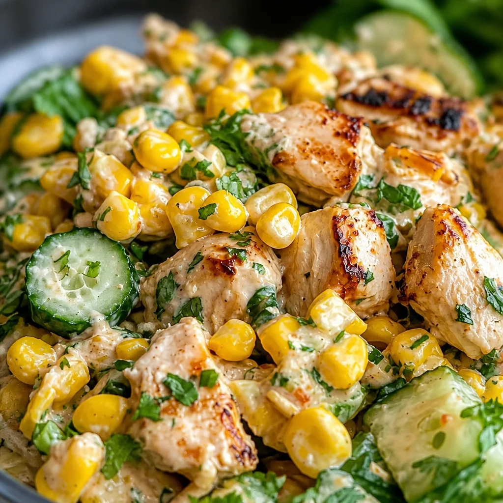 Delicious Street Corn Creamy Cucumber Chicken Salad with fresh ingredients
