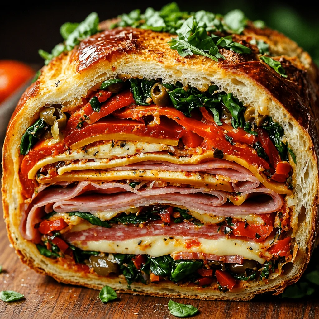 Pressed Italian Picnic Sandwich Loaf with Italian meats, cheeses, and fresh veggies.