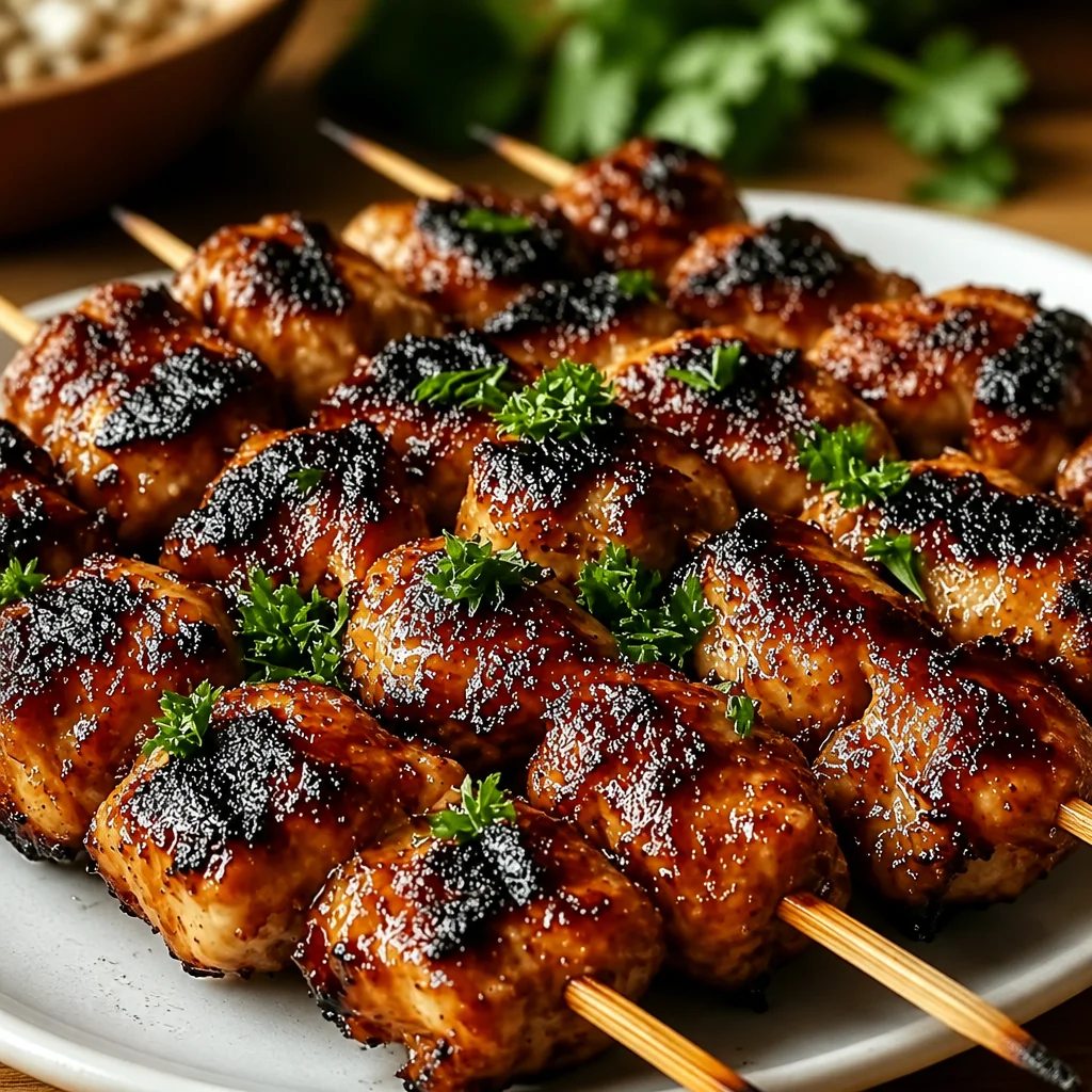 Grilled Thai Coconut Chicken Skewers with colorful vegetables and vibrant garnish