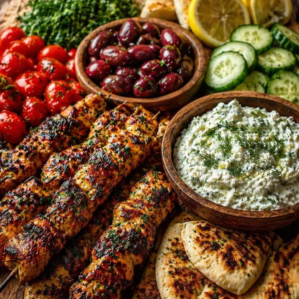Greek Chicken Souvlaki Grazing Board with Feta Dip, warm pita, and fresh veggies.