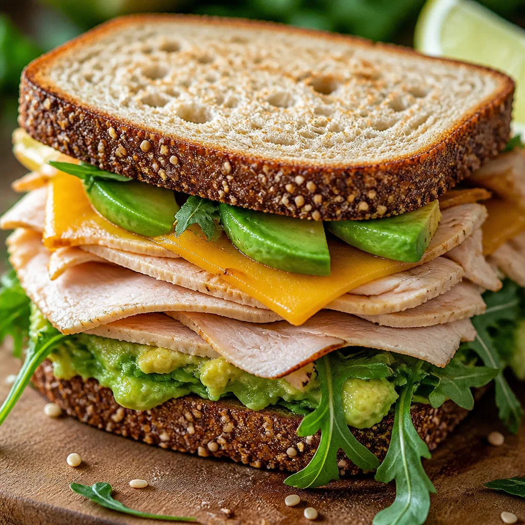Honey Mustard Turkey Avocado Sandwich with creamy avocado, turkey, and tomatoes