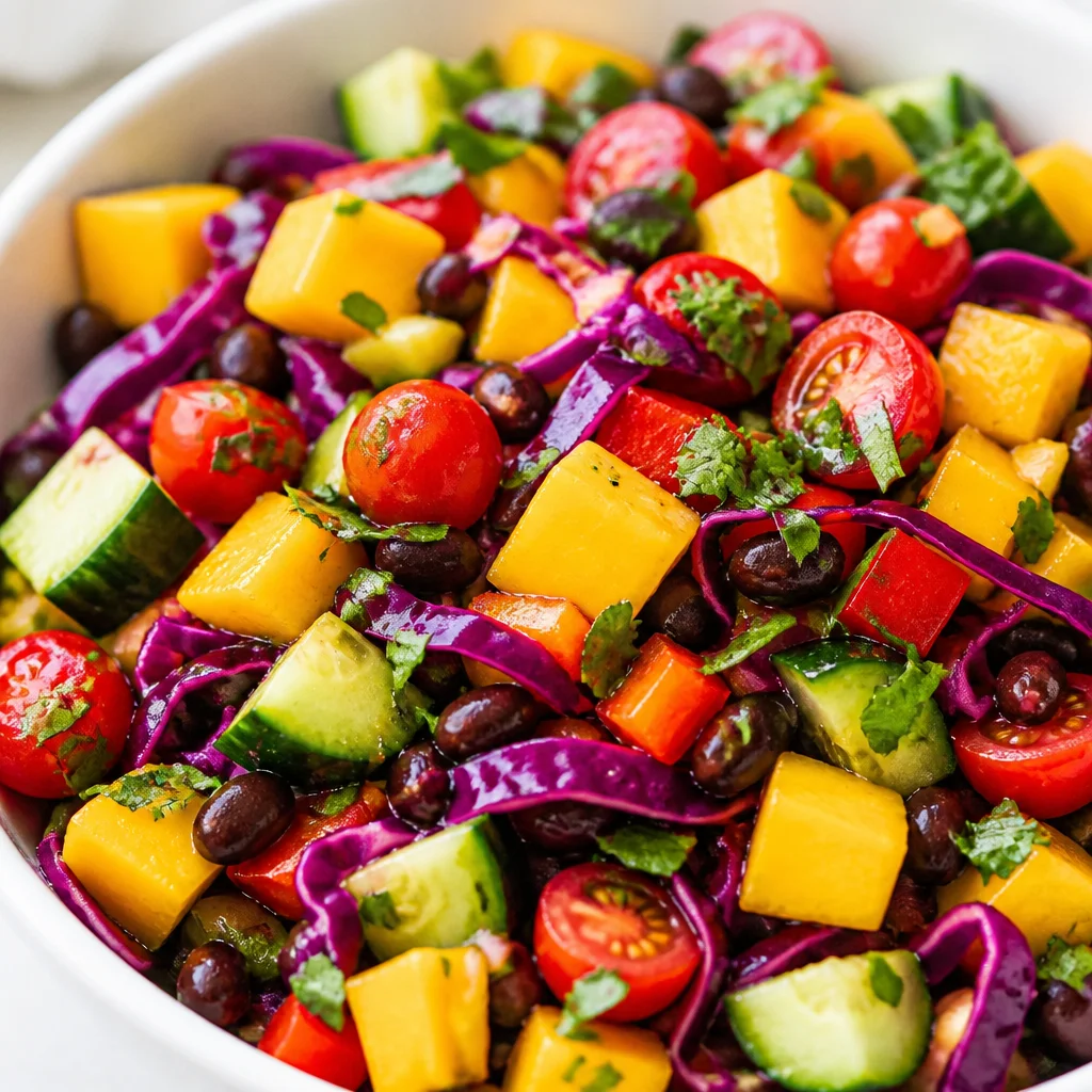 Delicious Black Bean Mango Salad with mango, black beans, and fresh vegetables.