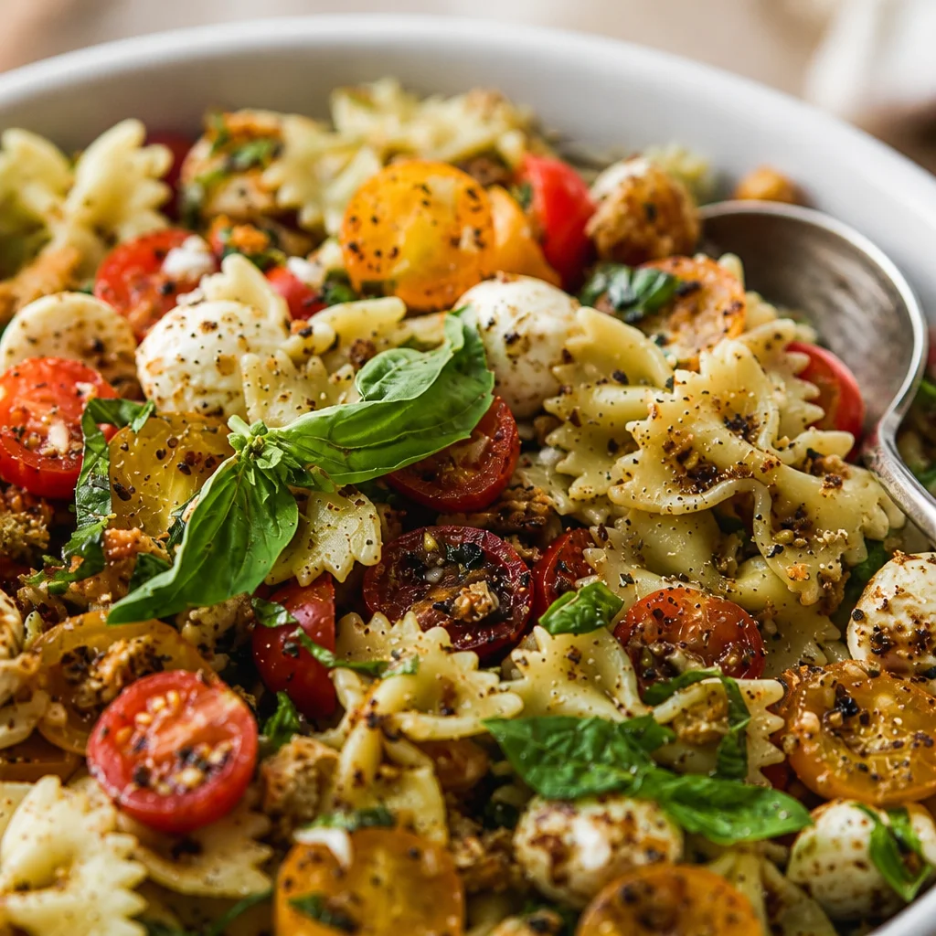 Delicious Bruschetta Pasta Salad with fresh tomatoes and basil